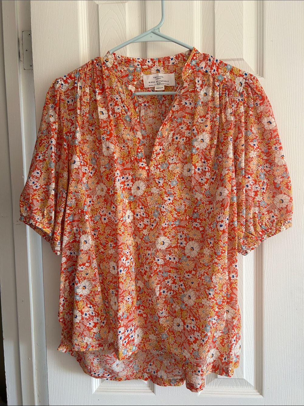 Trovata Coral-Orange Floral V-Neck Short Sleeve Blouse